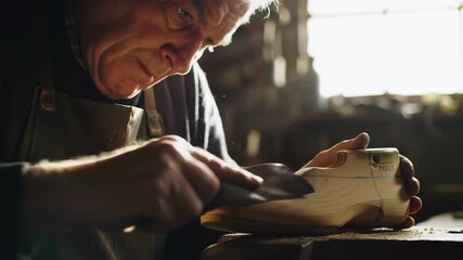 Shoemaker at Work Sanding a Wooden Shoe Last in Workshop