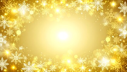 A festive gold background is dotted with many elegant snowflakes and shimmering lights.