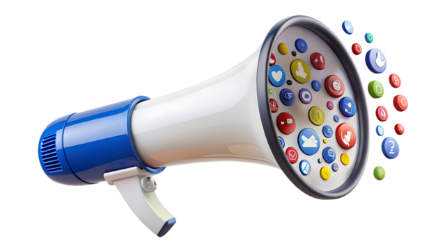 Megaphone with social media icons isolated on transparent background, representing digital marketing, online communication, and social media engagement