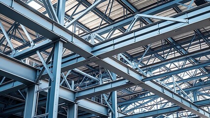 Industrial metal beams forming an abstract geometric composition in a construction setting with cool steel tones.