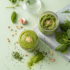 Bright green pesto sauces in glass jars with powdered herb smears on pale green background, top view minimal food composition with vibrant texture and modern culinary aesthetic