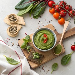 
Fresh Green Herb Pesto Sauce with Organic Vegetables on Wooden Board - Healthy Cooking Ingredients Spinach Carrots Bread - Homemade Mediterranean Cuisine