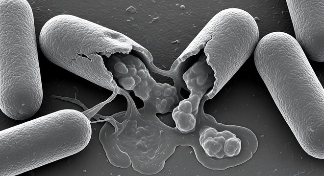 A detailed micrograph revealing the process of bacterial lysis, where a rod-shaped bacterium ruptures and its cellular contents spill out, visualizing cell death