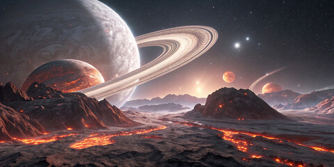 Exoplanet landscape with lava flows majestic planets in the sky creating a dramatic scene for space exploration and science fiction enthusiasts