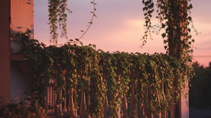 Sunset view of a fence covered in lush green vines.