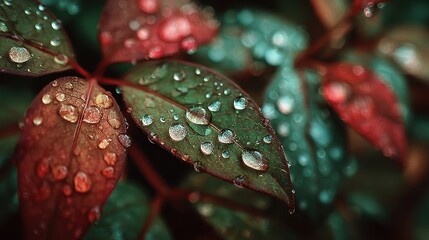 Close-up of green and red leaves covered in water droplets glistening in a garden after a Spring rain shower