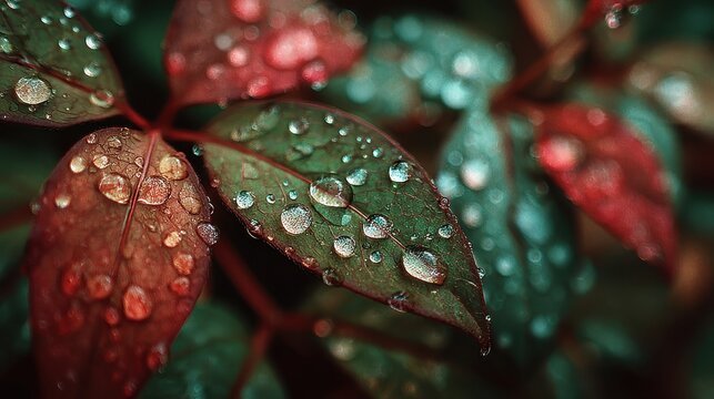 Close-up of green and red leaves covered in water droplets glistening in a garden after a Spring rain shower