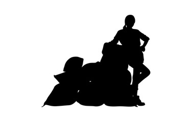 A strong, confident image of a working woman leaning on a sack. 