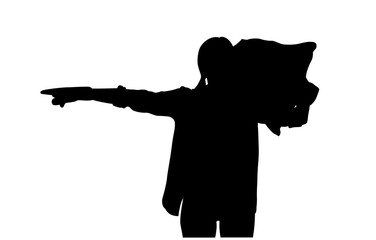 A dramatic silhouette of a person, arms outstretched, pointing with one finger and carrying a bag or package on their shoulder.