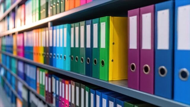 Colorful ring binders on shelves representing business documentation and information storage