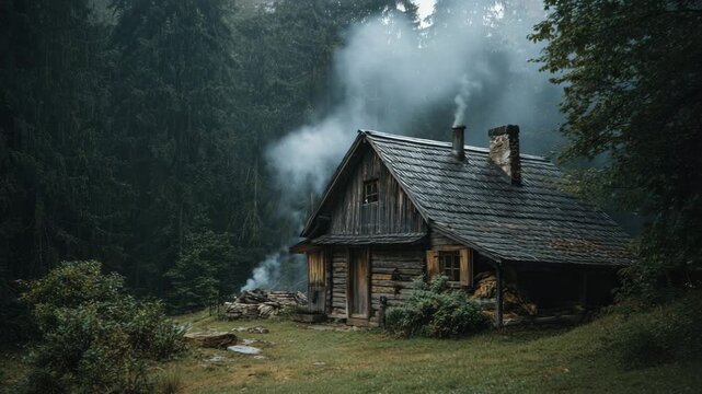Cozy wooden cabin surrounded by forest with smoke rising from chimney, representing off-grid living concept  