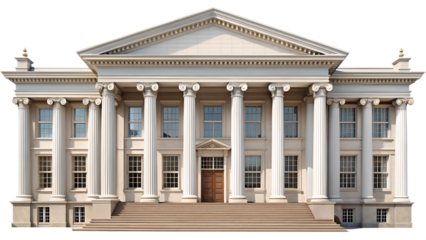 Front view of a classical building with columns, isolated on transparent background, showcasing its architectural design and historical significance