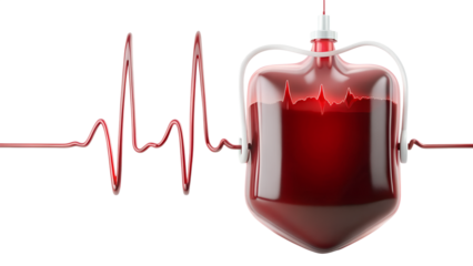 Blood bag with heartbeat line isolated on transparent background, representing blood donation, transfusion, and medical care for saving lives in hospitals