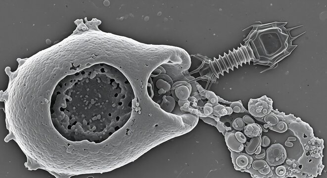 Detailed micrograph showcasing the viral infection process of a bacteriophage attaching to and lysing a host bacterium - Powered by Adobe