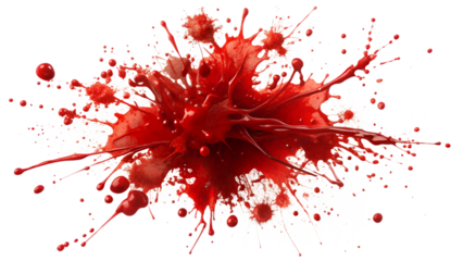 A vivid red blood splash with splatters and drops isolated on transparent background, creating an abstract and artistic design with a sense of danger