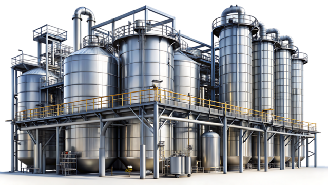 Industrial complex featuring multiple large silver storage tanks and elevated walkways factory plant isolated on a transparent background