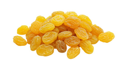A pile of yellow raisins on a white background