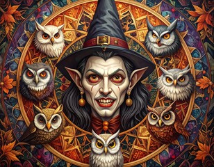 Colorful Halloween Mandala with Vampires and Witches
