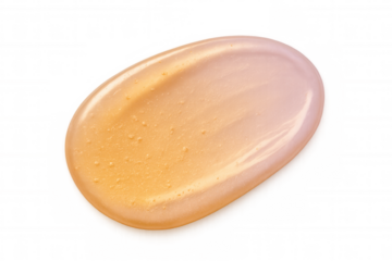 Peach cosmetic gel spreading with bubbles, revealing glossy viscosity on transparent surface, soft pastel skincare product