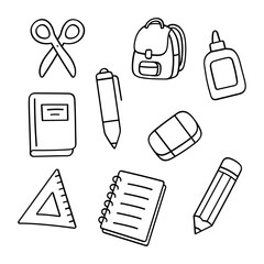 Hand drawn collection of school supplies on a white background