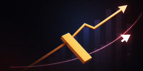 Fototapeta premium A golden arrow pointing upwards with a white cursor on a dark background graphic art