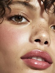 Fototapeta premium Close-up portrait of woman, likely in her 35s, with a light brown skin and brown eyes. Realistic and detailed skin texture with pores. Her lips are a deep, maroon-red color.