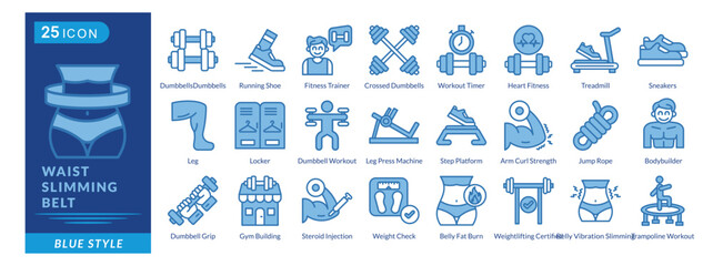 Waist Slimming Belt icon set collection in blue style. an icon pack contain DumbbellsDumbbells,Running Shoe,Fitness Trainer,Workout Timer,Treadmill,Sneakers,Leg,Locker