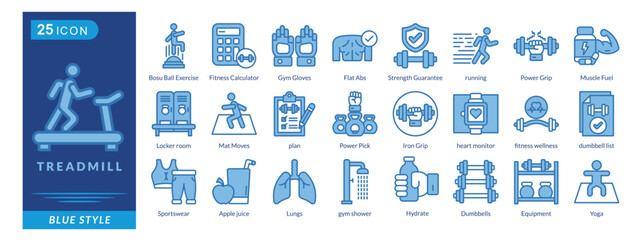 Treadmill icon set collection in blue style. an icon pack contain Sportswear,running,Lungs,gym shower,Treadmill,Dumbbells,Equipment,Yoga,Hydrate