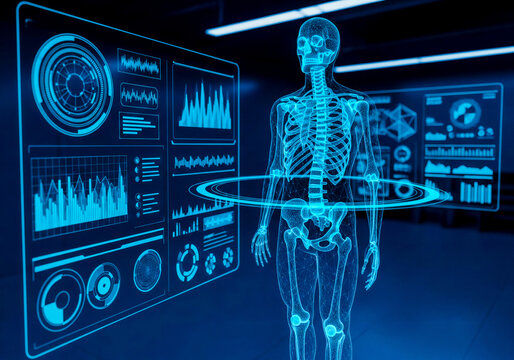 Futuristic wireframe hologram of a human skeleton. Sci-fi medical technology concept showing a rotating 3D anatomy scan.