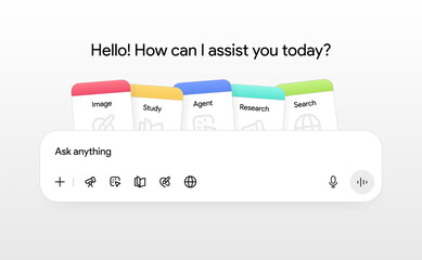 AI chat interface template: prompt, input field, chip, button, PDF attachment, source, research and agent mode. Modern Chat gpt style window ui dashboard mockup for web or apps. Vector illustration.