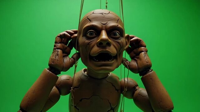Expressive marionette puppet with cracked texture and open mouth, appearing to speak or sing against a vibrant green screen background.
