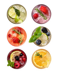 A set of six colorful drinks with fruit garnishes