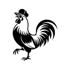 Hipster Rooster Icon: A stylized, monochromatic illustration of a proud rooster, confidently stepping forward and donning a modern hat, exuding personality and charm.