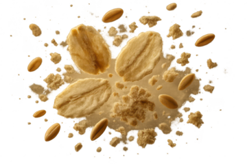 Oat flakes and grains in a dynamic splash, isolated on transparent background