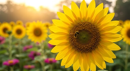 Fototapeta premium Honey bee on a vibrant sunflower in a field at sunset.
