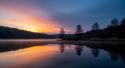 Obraz premium Panoramic image of a lake reflecting a half-lit forest, warm and cool tones blending naturally.