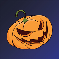 A creepy, cartoonish pumpkin face with sharp, dangerous teeth. Vector illustration for Halloween isolated on a blue background.