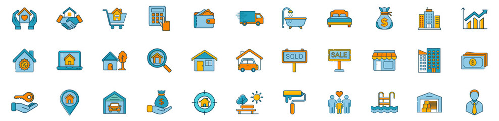 Real Estate and Property Management Vector Icons Set &ndash; Modern Flat Line Design with Editable Stroke