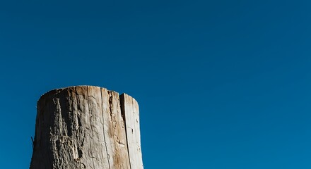 Fototapeta premium Minimalist composition featuring a weathered tree stump against a vast azure sky expanse