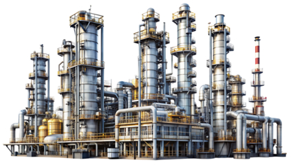 Large scale oil refinery complex featuring tall distillation towers and extensive piping systems on a black background isolated on a transparent background