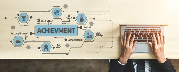This image captures the concept of achievement in a business context, showcasing a laptop on a...