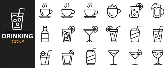 Naklejka premium Collection of diverse drinking icons for beverages and refreshments