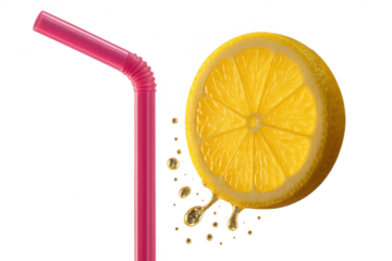 Refreshing lemon slice and pink straw isolated on transparent background, citrus