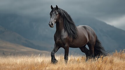 Fototapeta premium Majestic black horse strides gracefully through golden grassland under dramatic stormy skies