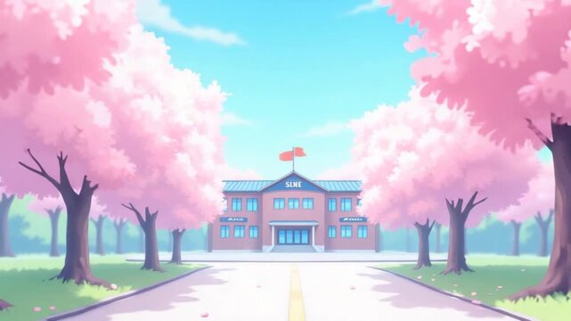 Fluid anime school background with cherry blossom trees, in the style of cartoon, pastel colors, high resolution, high detail, high quality