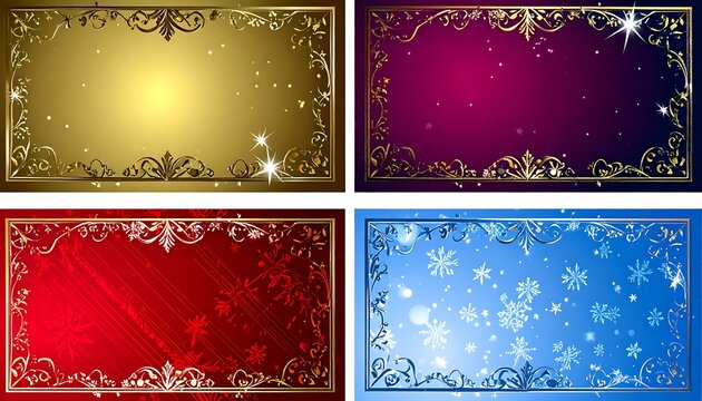 Four ornate decorative backgrounds with gold frames, featuring a winter theme, including gold, red, purple, and blue hues, adorned with intricate details and snowflakes.