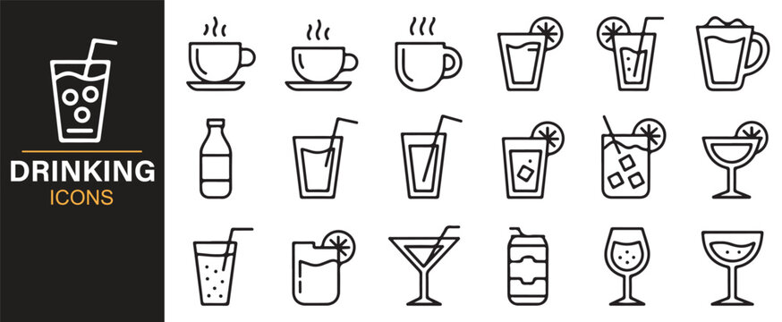 Collection of drinking and beverage icons for various applications