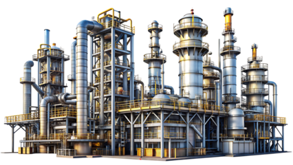 Detailed view of a sprawling industrial petrochemical refinery with numerous towers and intricate pipework against a black background isolated on a transparent background