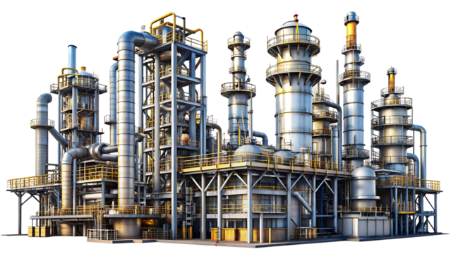 Detailed view of a sprawling industrial petrochemical refinery with numerous towers and intricate pipework against a black background isolated on a transparent background