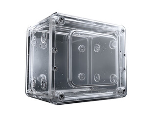 Transparent, cube-shaped enclosure with visible mounting points